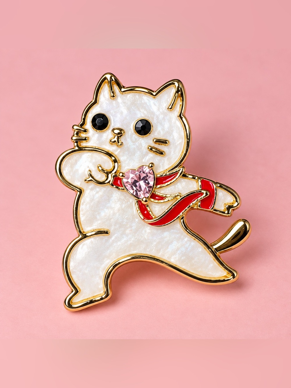 Gold-Trim White Cat Enamel Pin with Pink Heart Accent
